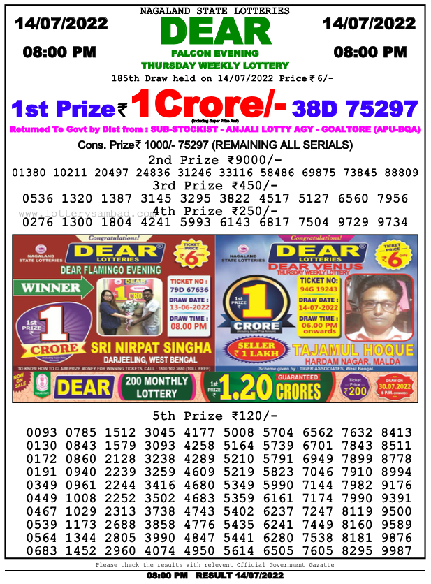 Download Result of Nagaland State Dear 6 Draw 14-07-2022 Draw at 8:00Pm