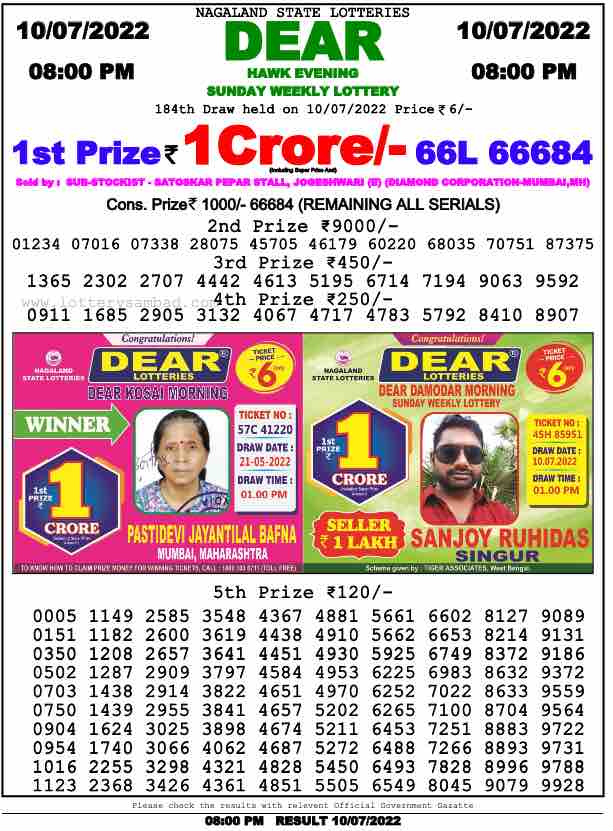 Download Result of Nagaland State Dear 6 Draw 10-07-2022 Draw at 8:00Pm
