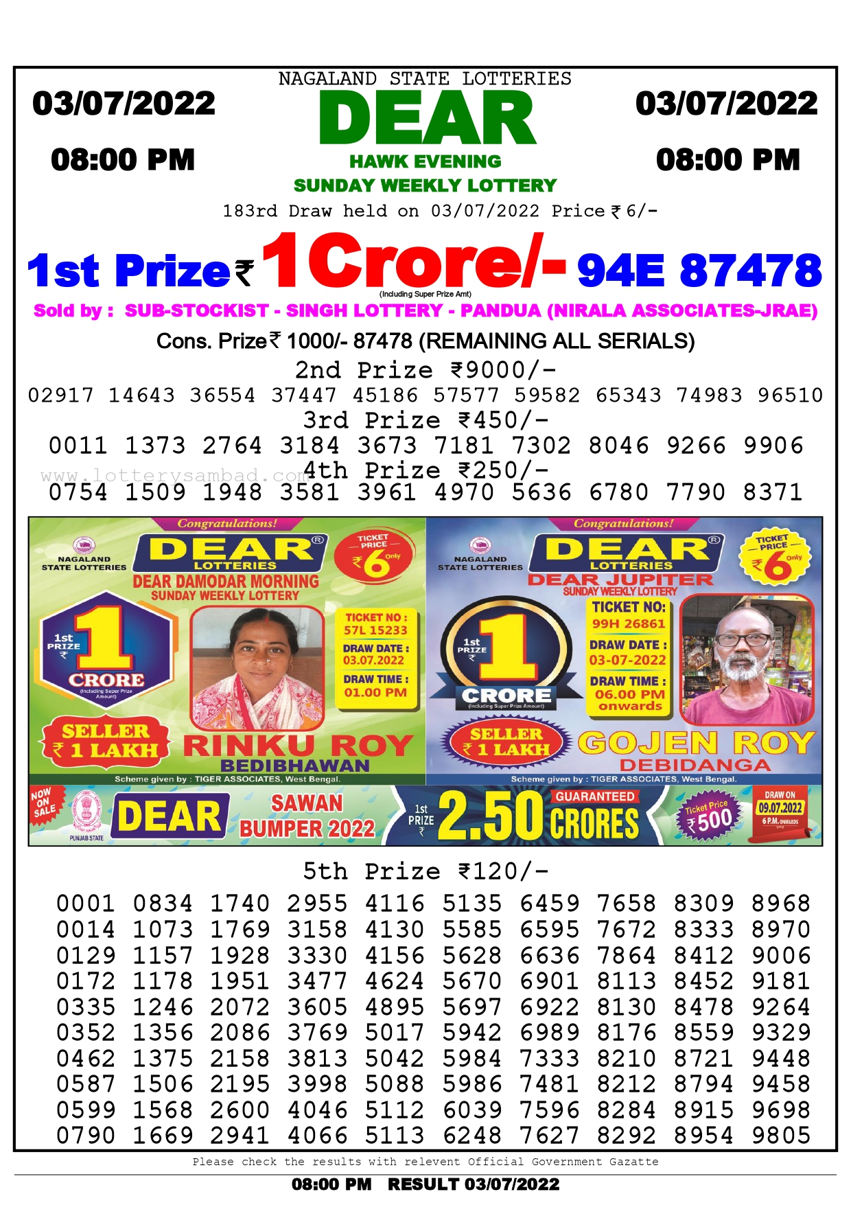 Download Result of Nagaland State Dear 6 Draw 03-07-2022 Draw at 8:00Pm