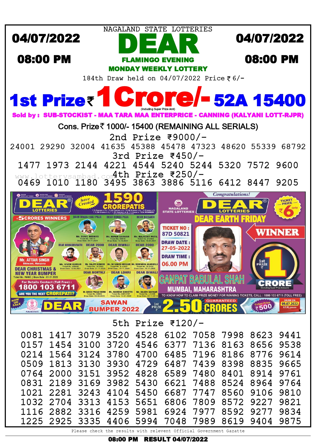 Download Result of Nagaland State Dear 6 Draw 04-07-2022 Draw at 8:00Pm