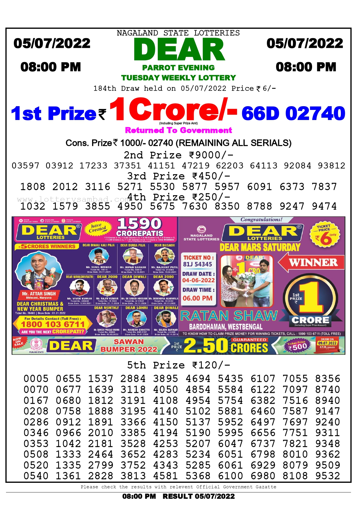 Download Result of Nagaland State Dear 6 Draw 05-07-2022 Draw at 8:00Pm