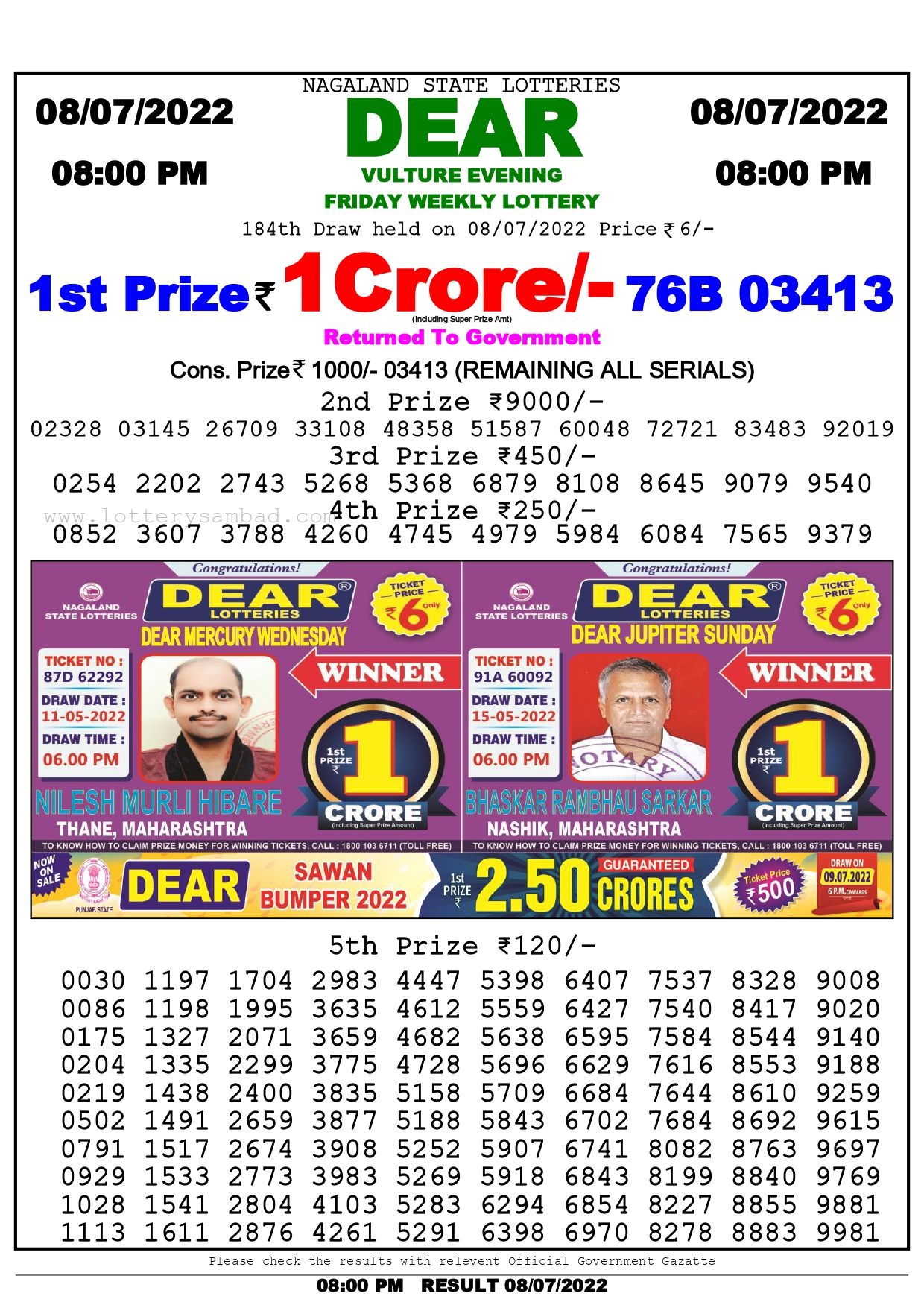 Download Result of Nagaland State Dear 6 Draw 08-07-2022 Draw at 8:00Pm