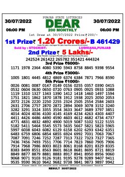 Download Result of Punjab State Dear 200 Draw 30-07-2022 Draw at 6:00Pm
