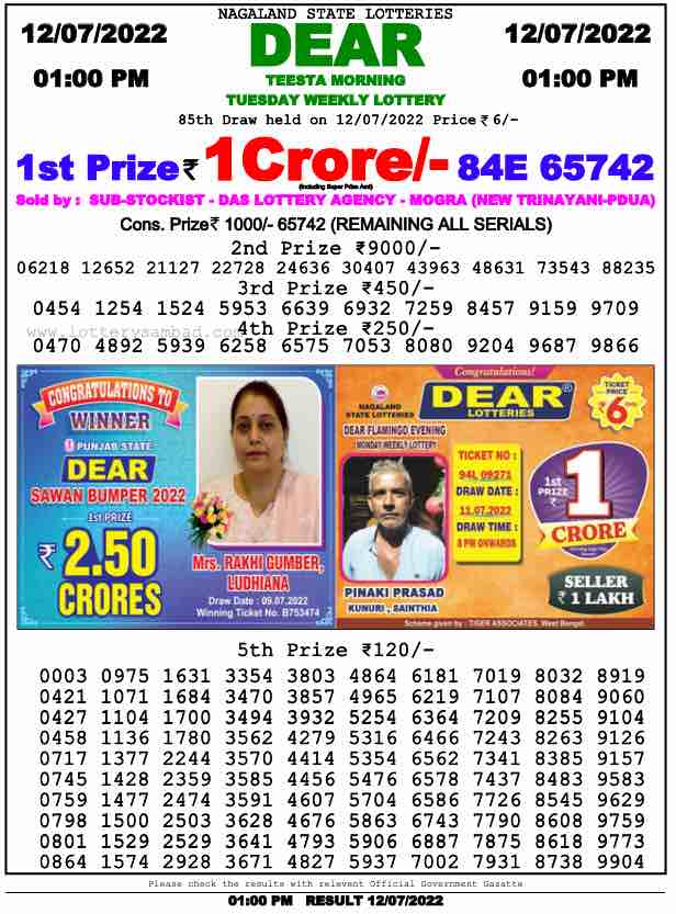 Download Result of Nagaland State Dear 6 Draw 12-07-2022 Draw at 1:00Pm