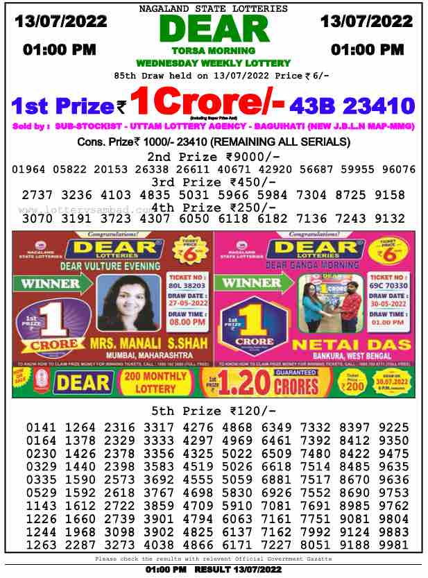 Download Result of Nagaland State Dear 6 Draw 13-07-2022 Draw at 1:00Pm