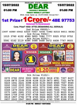 Download Result of Nagaland State Dear 6 Draw 15-07-2022 Draw at 1:00Pm