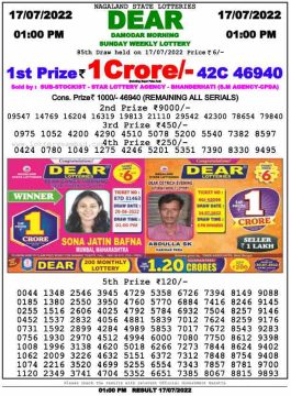 Download Result of Nagaland State Dear 6 Draw 17-07-2022 Draw at 1:00Pm