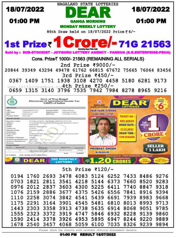 Download Result of Nagaland State Dear 6 Draw 18-07-2022 Draw at 1:00Pm