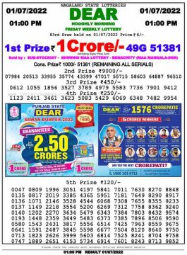 Download Result of Nagaland State Dear 6 Draw 01-07-2022 Draw at 1:00Pm