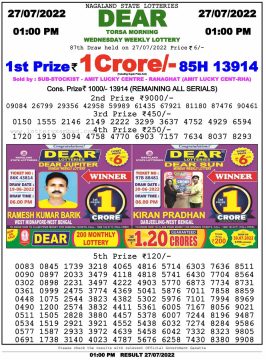 Download Result of Nagaland State Dear 6 Draw 27-07-2022 Draw at 1:00Pm