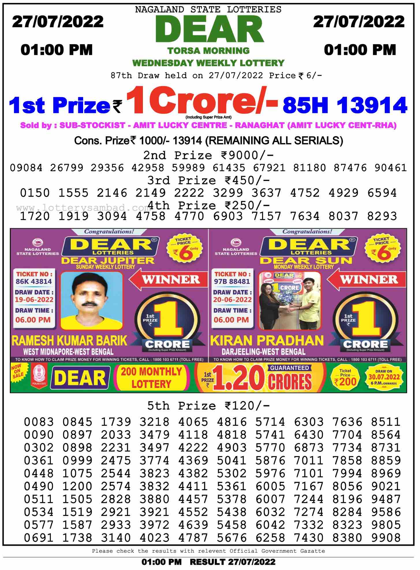 Download Result of Nagaland State Dear 6 Draw 27-07-2022 Draw at 1:00Pm