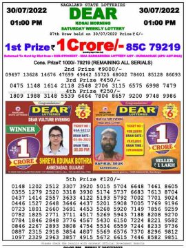 Download Result of Nagaland State Dear 6 Draw 30-07-2022 Draw at 1:00Pm