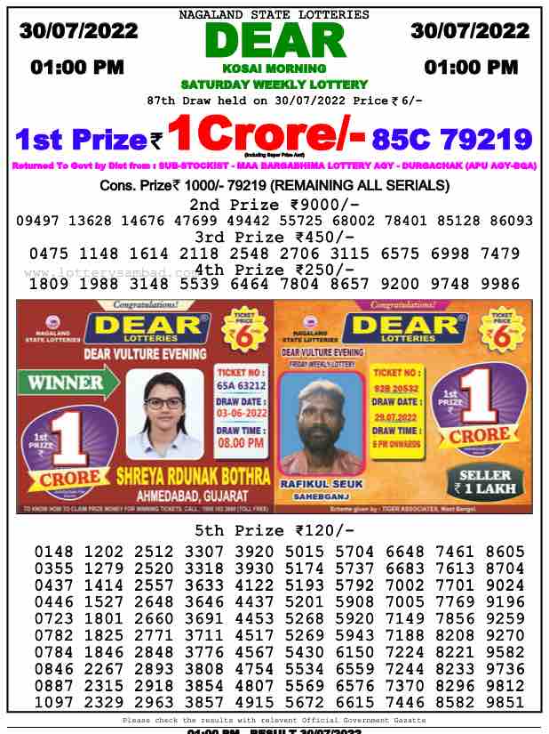 Download Result of Nagaland State Dear 6 Draw 30-07-2022 Draw at 1:00Pm