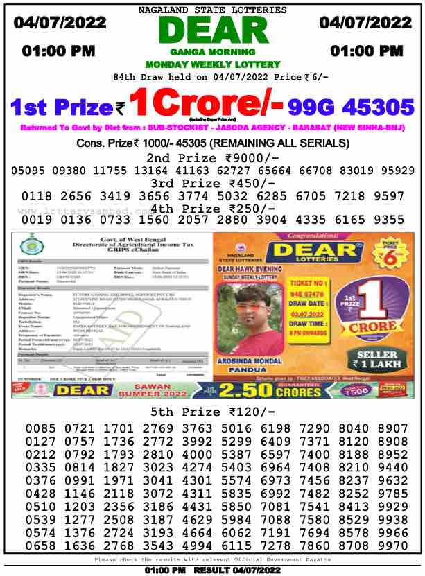 Download Result of Nagaland State Dear 6 Draw 04-07-2022 Draw at 1:00Pm