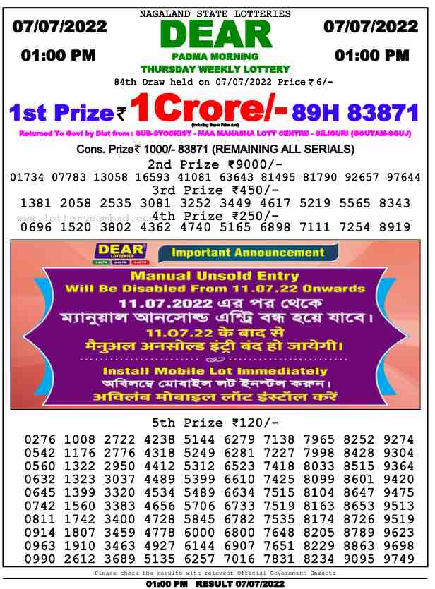 Download Result of Nagaland State Dear 6 Draw 07-07-2022 Draw at 1:00Pm