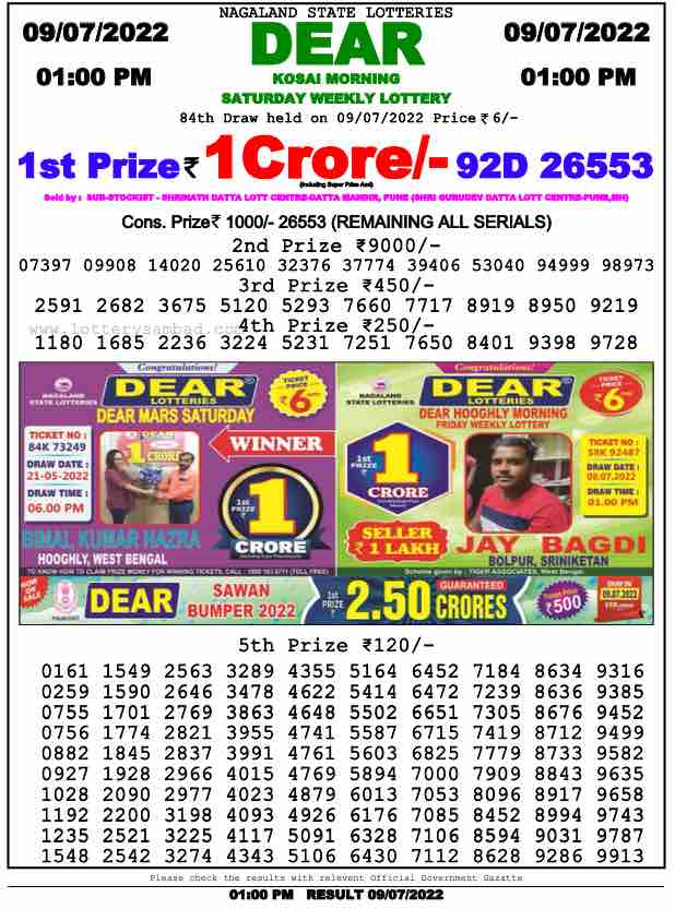Download Result of Nagaland State Dear 6 Draw 09-07-2022 Draw at 1:00Pm