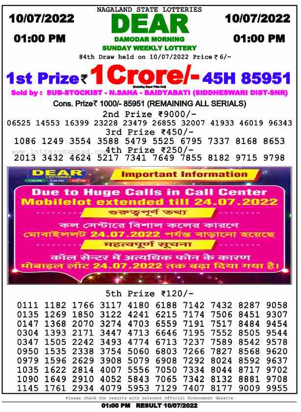 Download Result of Nagaland State Dear 6 Draw 10-07-2022 Draw at 1:00Pm