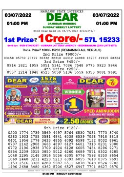 Download Result of Nagaland State Dear 6 Draw 03-07-2022 Draw at 1:00Pm