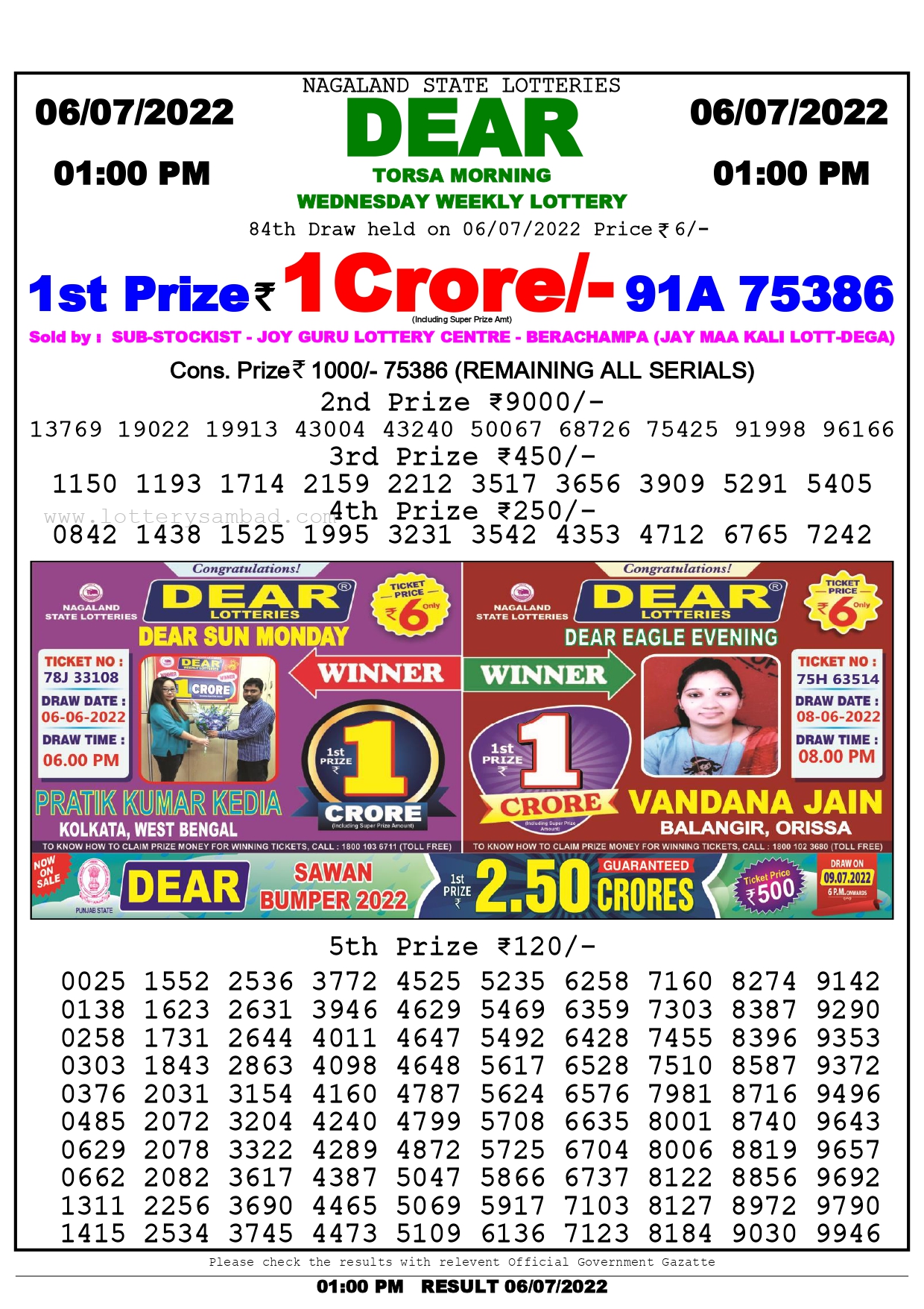 Download Result of Nagaland State Dear 6 Draw 06-07-2022 Draw at 1:00Pm