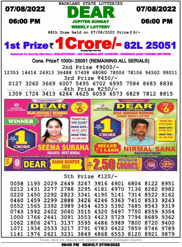 Download Result of Nagaland State Dear 6 Draw 07-08-2022 Draw at 6:00Pm