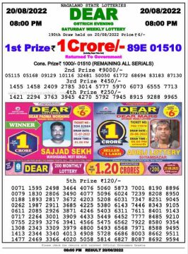 Download Result of Nagaland State Dear 6 20-08-2022 Draw at 8:00Pm