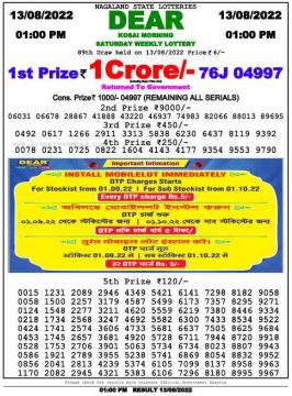 Download Result of Nagaland State Dear 6 13-08-2022 Draw at 1:00Pm