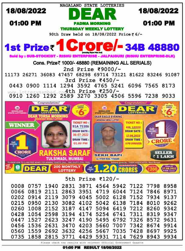 Download Result of Nagaland State Dear 6 18-08-2022 Draw at 1:00Pm