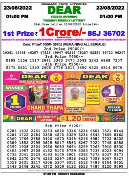 Download Result of Nagaland State Dear 6 23-08-2022 Draw at 1:00Pm