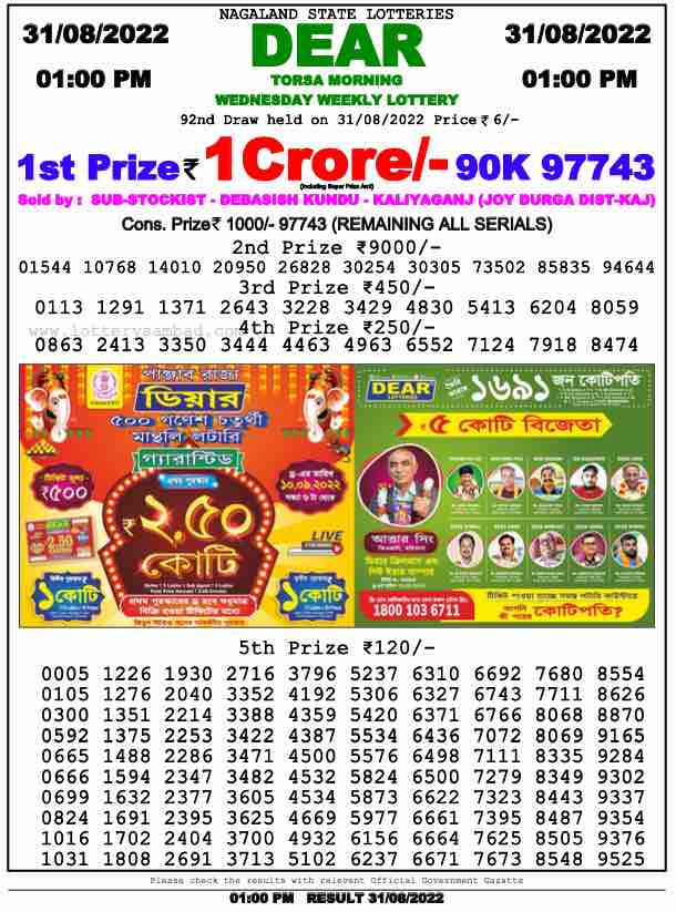 Download Result of Nagaland State Dear 6 31-08-2022 Draw at 1:00Pm