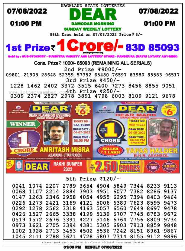 Download Result of Nagaland State Dear 6 Draw 07-08-2022 Draw at 1:00Pm