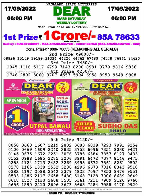 Download Result of Nagaland State Dear 6 17-09-2022 Draw at 6:00Pm
