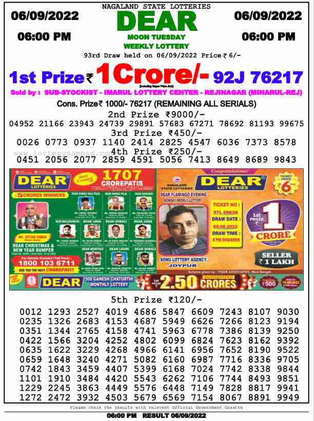 Download Result of Nagaland State Dear 6 06-09-2022 Draw at 6:00Pm