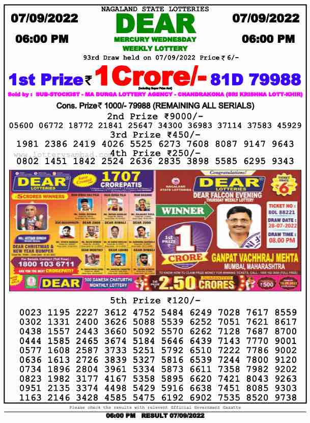 Download Result of Nagaland State Dear 6 07-09-2022 Draw at 6:00Pm