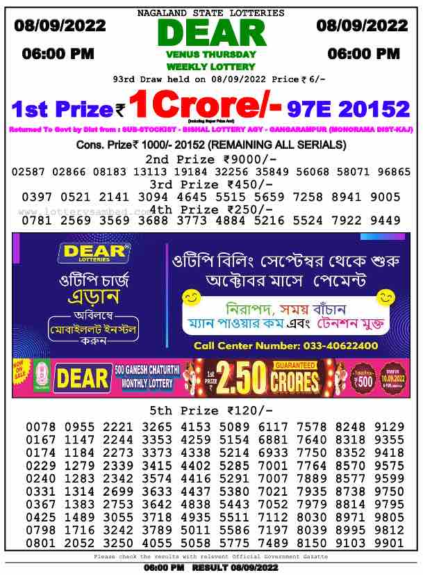 Download Result of Nagaland State Dear 6 08-09-2022 Draw at 6:00Pm