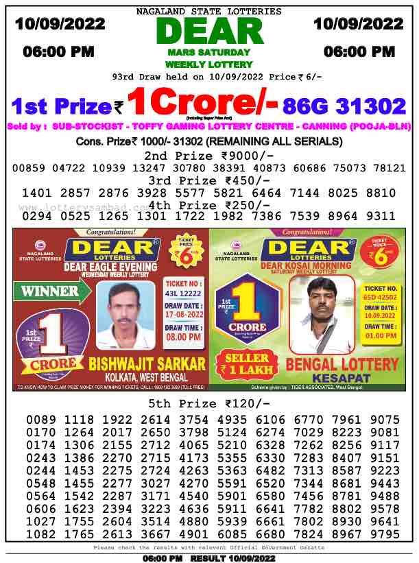 Download Result of Nagaland State Dear 6 10-09-2022 Draw at 6:00Pm