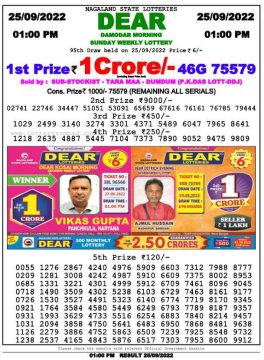 Download Result of Nagaland State Dear 6 26-09-2022 Draw at 1:00Pm
