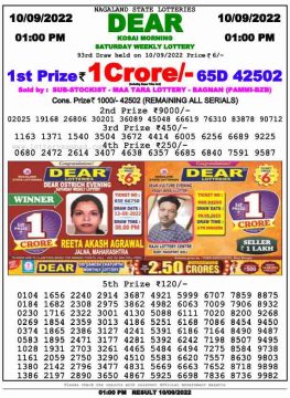 Download Result of Nagaland State Dear 6 10-09-2022 Draw at 1:00Pm