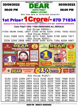 Download Result of Nagaland State Dear 6 30-09-2022 Draw at 6:00Pm