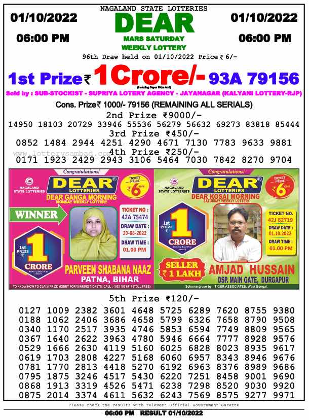 Download Result of Nagaland State Dear 6 01-10-2022 Draw at 6:00Pm