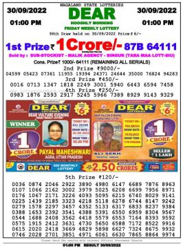 Download Result of Nagaland State Dear 6 30-09-2022 Draw at 1:00Pm